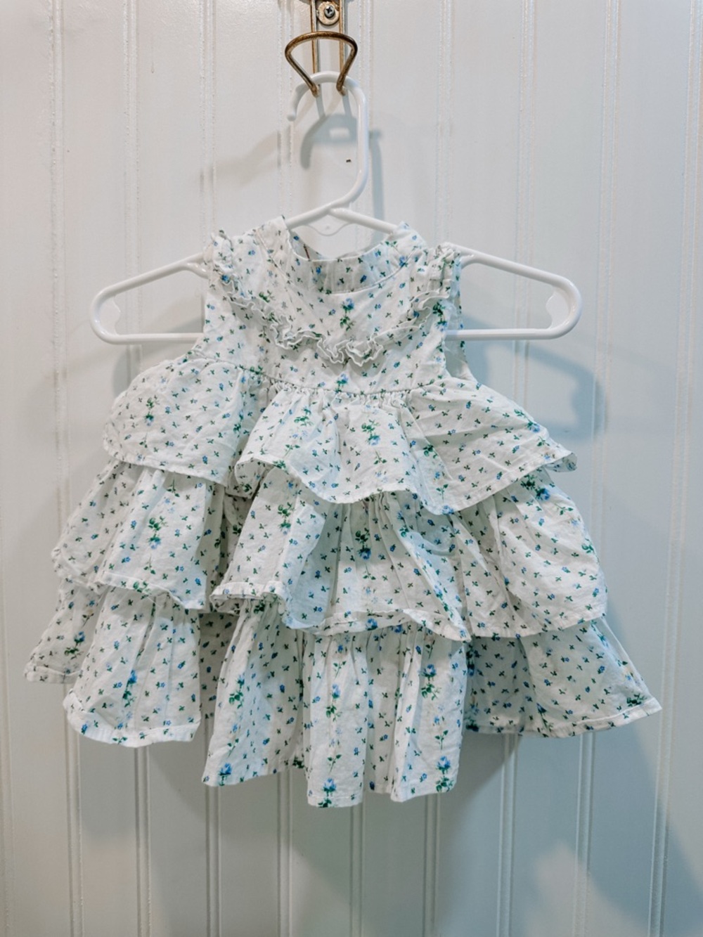 Janie and Jack White Tiered Ruffle Dress with Blue-Green Floral Print.